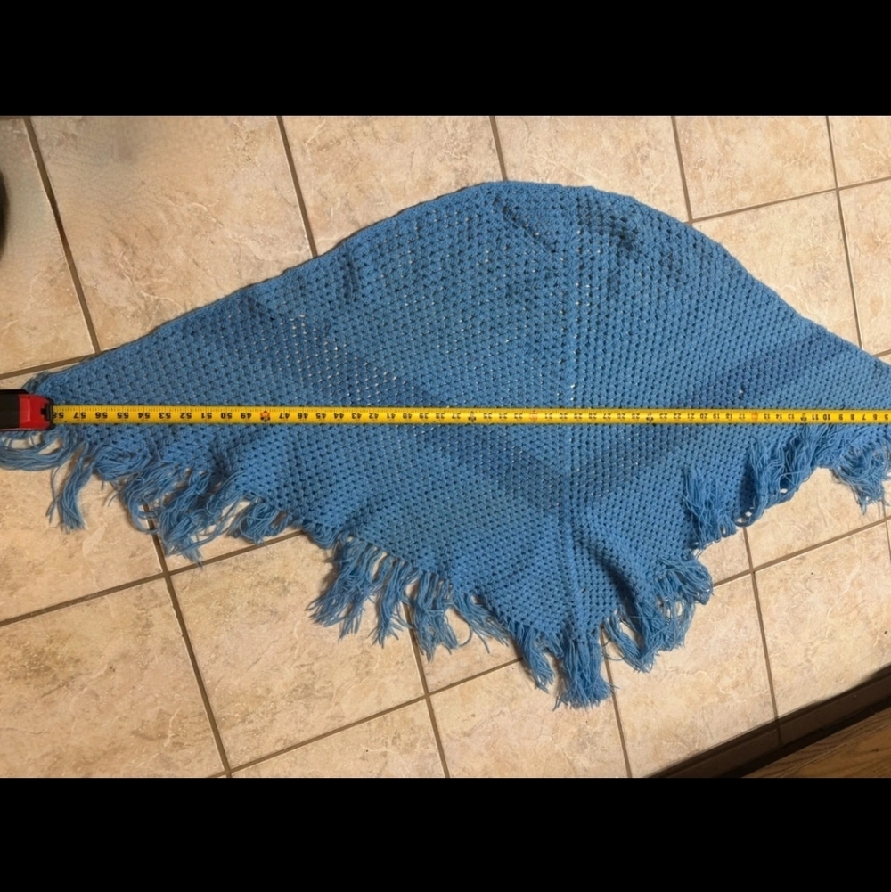 Blue Knit Shawl with Fringe HANDMADE